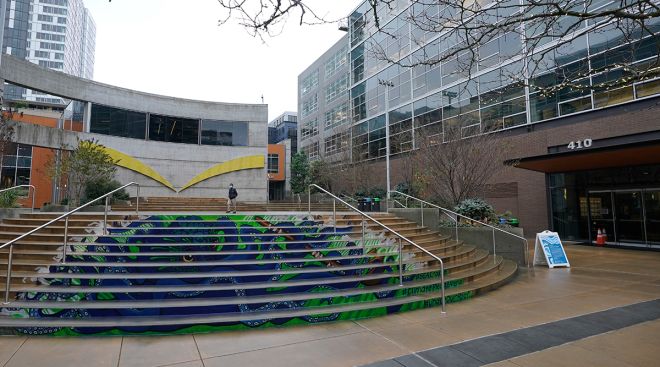 An Amazon headquarters building on the company's corporate campus in downtown Seattle