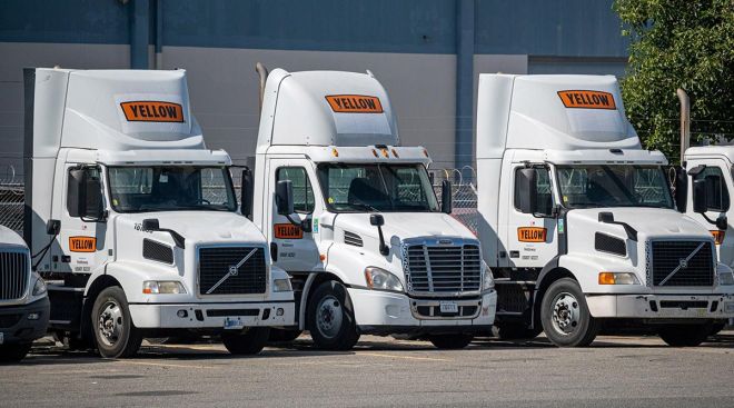 Yellow trucks at a California terminal